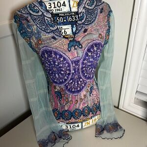 VINTAGE Y2K ORIGAMI IMAGIRO Women's Long Sleeve Micro Mesh w Rhinestones Blouse